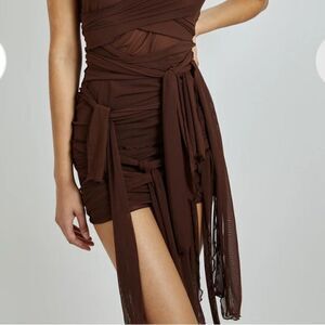 Kim Shui Brown Mesh tie Skirt mini woth bike shorts Y2K jellyfish Revolve $295 L